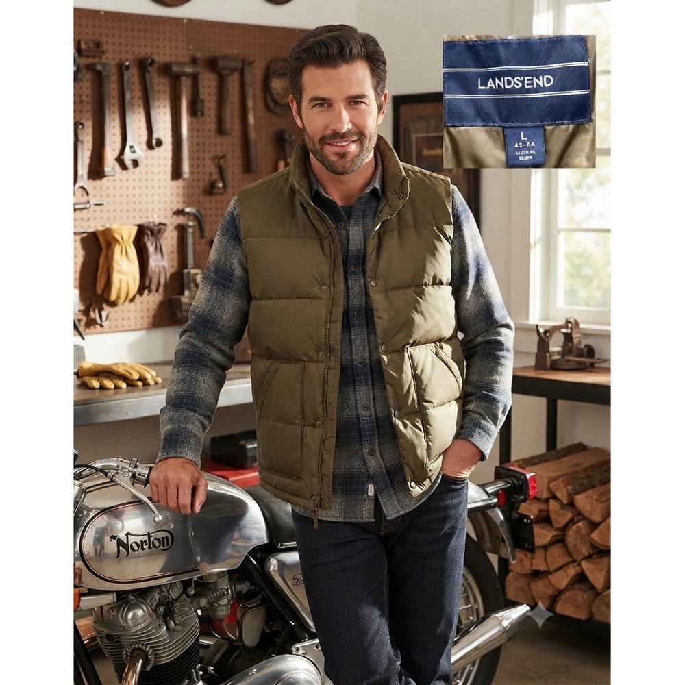 Lands End Mens Large Olive Green Down Puffer Vest Snap Front Quilted 42-44